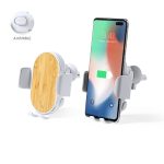 A wireless charger holder featuring a bamboo surface and grey accents, designed to hold a smartphone securely.