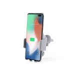 A wireless charger holder in grey, designed to securely hold a smartphone while charging.