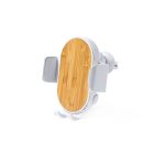 A wireless charger holder in a light grey colour with a bamboo-style platform and adjustable arms.