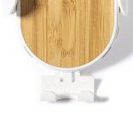 A wireless charger holder in white with a bamboo surface, featuring a branding logo on the base.