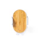 A wireless charger holder with a wooden texture surface and a white base. It features a logo on the front.