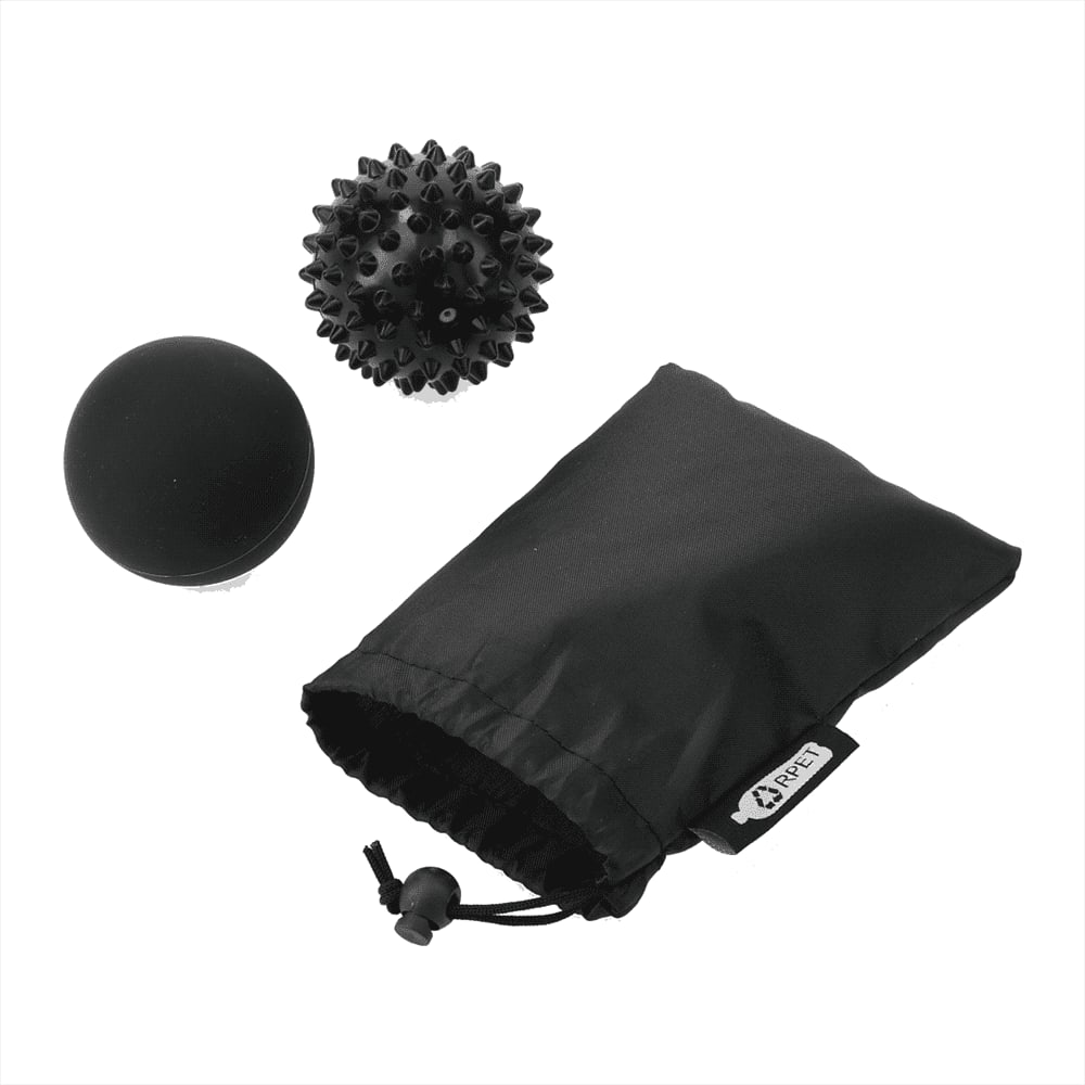 A black massage ball set featuring two textured balls and a drawstring pouch. Oasis 2 Piece Massage Ball Set - Image 1