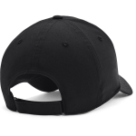 A black cap featuring a sleek design and a rear opening for an adjustable fit, with a logo on the side.