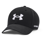 A black cap featuring a branded logo on the front and another logo on the side.