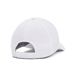 A white cap featuring a rear adjustment strap and a logo on the side.