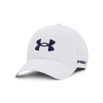 A white cap with a black visor and a logo on the front, featuring a sleek design for headwear.