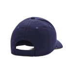 A navy cap with a curved brim and adjustable strap at the back, featuring a logo.