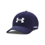 A navy blue baseball cap featuring a logo and designed for golfing.