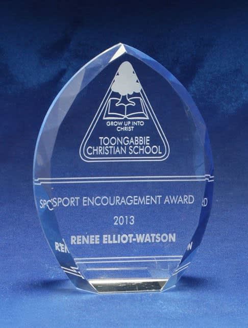 A crystal award in a diamond shape, featuring engraved text and a logo, set against a blue backdrop. Crystal Arch - Image 1
