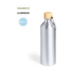 A drink bottle made of aluminium with a bamboo lid, featuring a silver finish and a carabiner. Holds 800 ml.