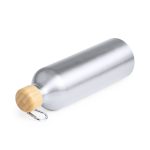 A drink bottle featuring a silver metal body and a wooden top with a metal clip.