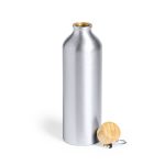A drink bottle made of silver metal with a wooden cap. It features a logo on the body.