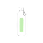 A drink bottle in a sleek design, primarily silver, featuring a green accent area and a carry clip.