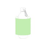 A drink bottle with a sleek design and a green sleeve, featuring a carabiner for easy attachment.
