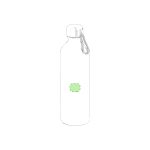 A drink bottle with a sleek design, featuring a silver body and a carabiner clip, adorned with a prominent logo.