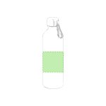 A drink bottle in a clear design with a green accent and a metal carabiner. Features a logo on the surface.
