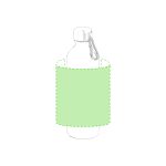 A drink bottle with a green sleeve and a metal carabiner attached to the cap. It features a logo on the body.