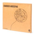 A round, wooden-patterned wireless charger mousepad in a cardboard package. It has a connected charging cable.