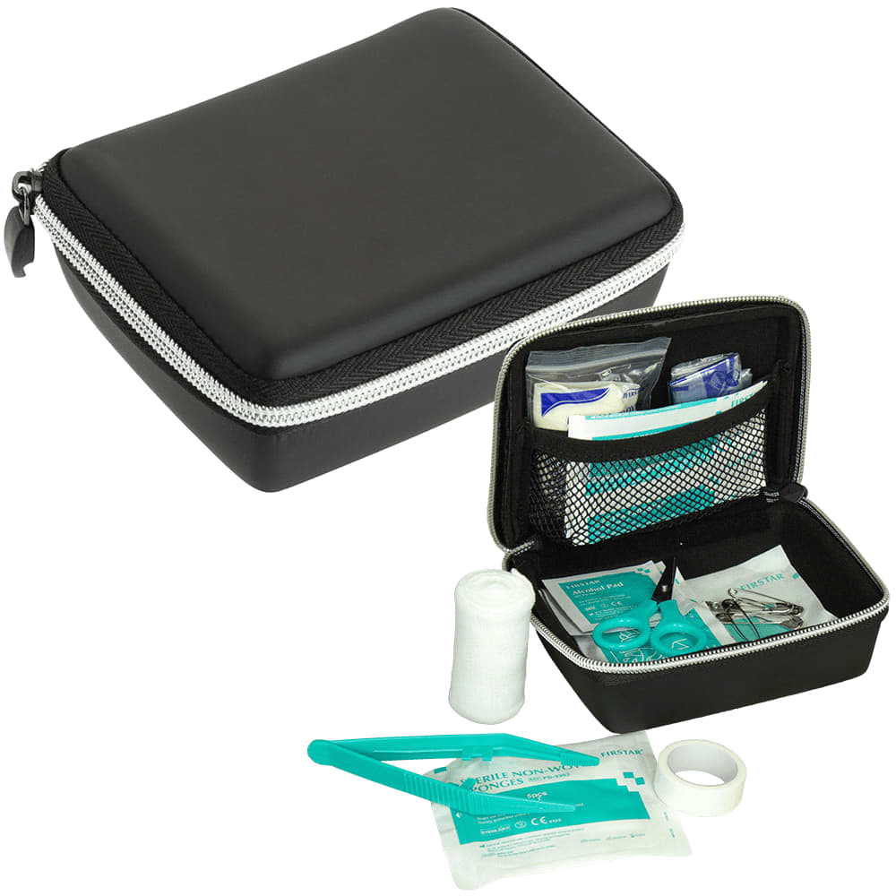 A black first aid kit with a zippered case, containing various medical supplies and a plastic tweezers. First Aid Kit - Image 1