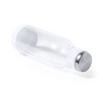 A drink bottle featuring a clear body and a silver stainless steel base, with a white cap. It has a logo.