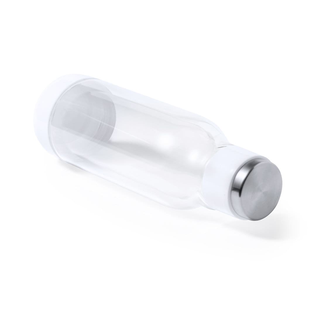 A drink bottle featuring a clear body and a silver stainless steel base, with a white cap. It has a logo. A drink bottle featuring a clear body and a silver stainless steel base, with a white cap. It has a logo.