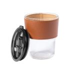 A clear plastic cup with a brown leather sleeve and a black lid, designed for beverages.