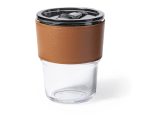 A transparent cup with a brown leather sleeve and a black lid, suitable for various beverages.