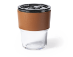 A drink tumbler featuring a clear glass base and a brown leather sleeve, with a dark lid.