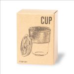 A plastic cup with a lid, displayed in a cardboard packaging featuring a simple sketch design.