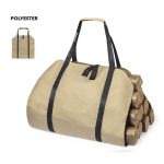 A tan log carrier bag with black straps, designed to hold firewood securely. It has a simple, functional design.