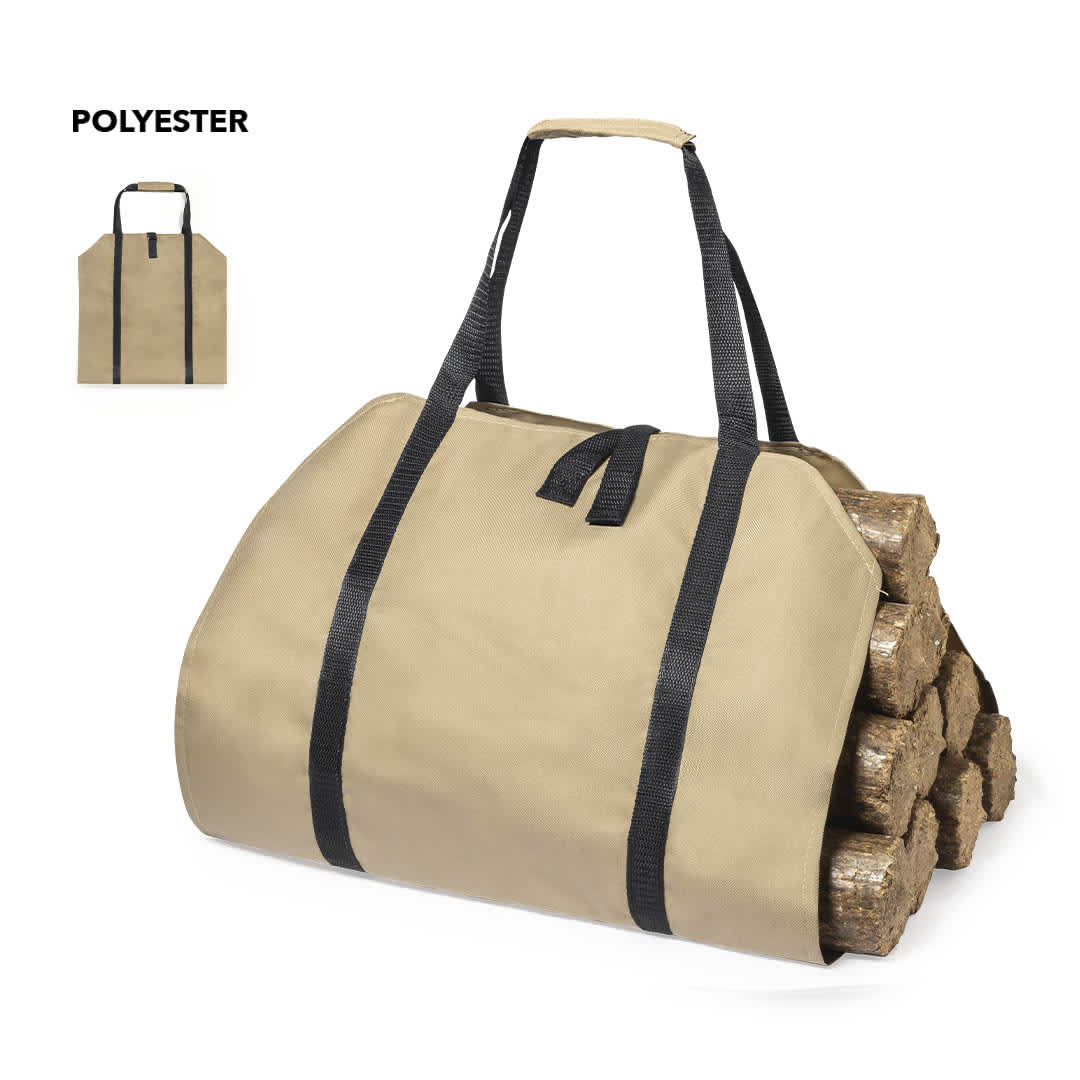 A tan log carrier bag with black straps, designed to hold firewood securely. It has a simple, functional design. A tan log carrier bag with black straps, designed to hold firewood securely. It has a simple, functional design.