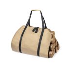 A tan log carrier bag with black straps, filled with logs for transporting wood. It includes branding elements.