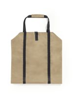 A tan log carrier bag with black handles and a rectangular shape, featuring a simple design and a branded logo.