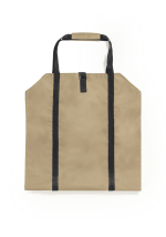 A beige log carrier bag with black handles and a simple design. Features a logo on the front.