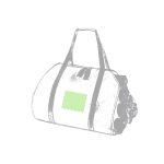 A green and black log carrier bag with adjustable straps and a blank rectangular area for branding.