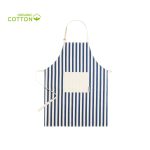 A blue and white striped apron made of organic cotton, featuring a front pocket and an adjustable neck strap.