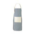 A navy and cream striped apron with a front pocket and adjustable straps, featuring a logo.