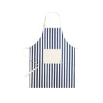 A striped apron in navy blue and white with a front pocket and a logo. Adjustable neck and waist straps are included.