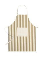 A striped apron in beige and cream with a front pocket and adjustable ties. It features a branding logo.