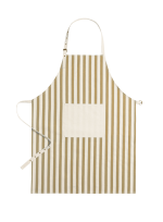 A striped apron in beige and cream, featuring a front pocket and adjustable straps. It has a logo as well.