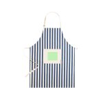 A striped apron in navy blue and white with a light green pocket and a logo.