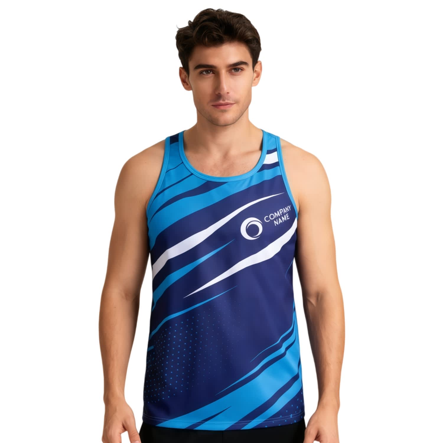 A blue and navy sports singlet featuring a dynamic design and a logo on the front. 100% Polyester Sublimated Sports Singlet - Image 1