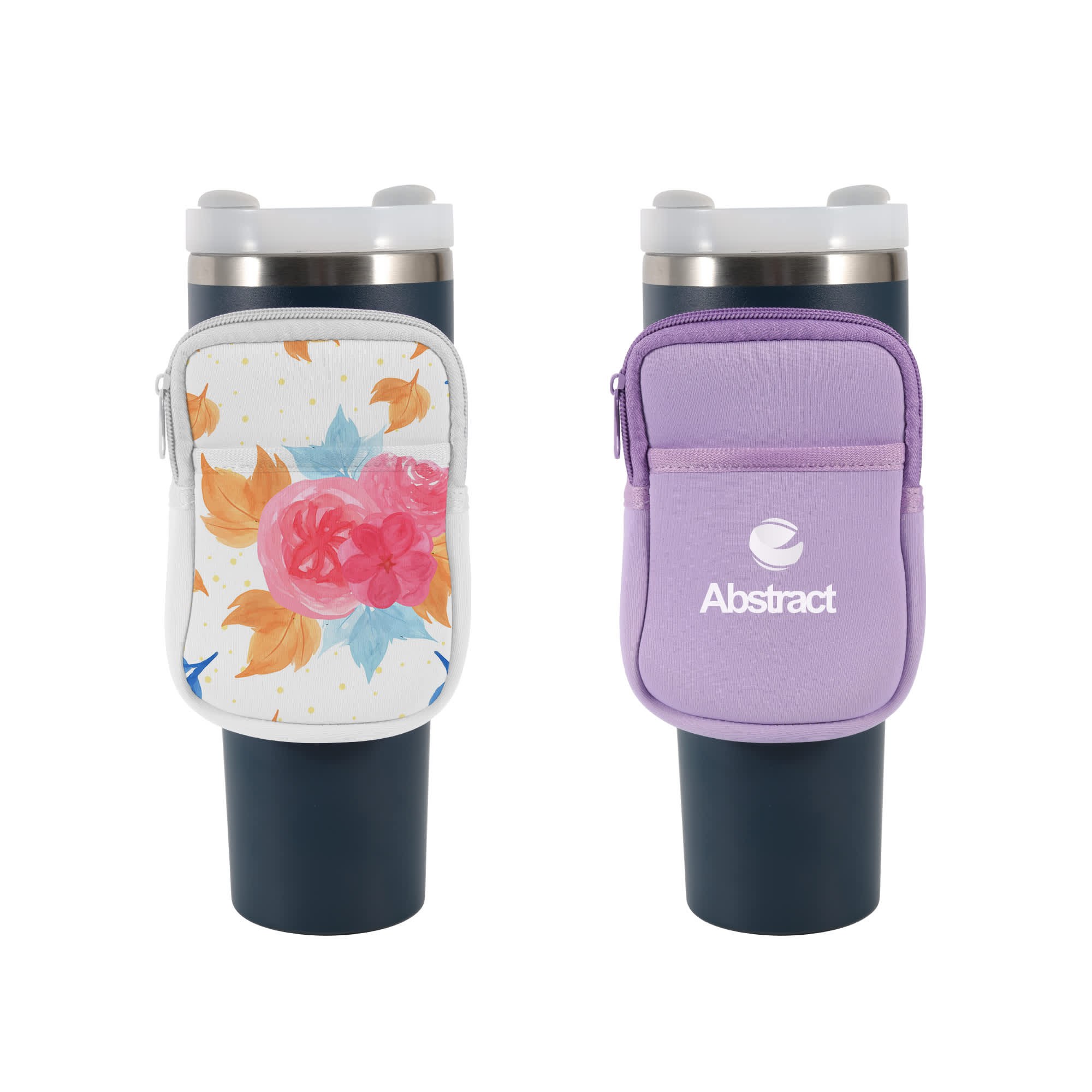 A drink bottle pouch for Stanley in floral and purple designs, featuring zippers and branding on one side. Water Bottle Pouch for Stanley - Image 1