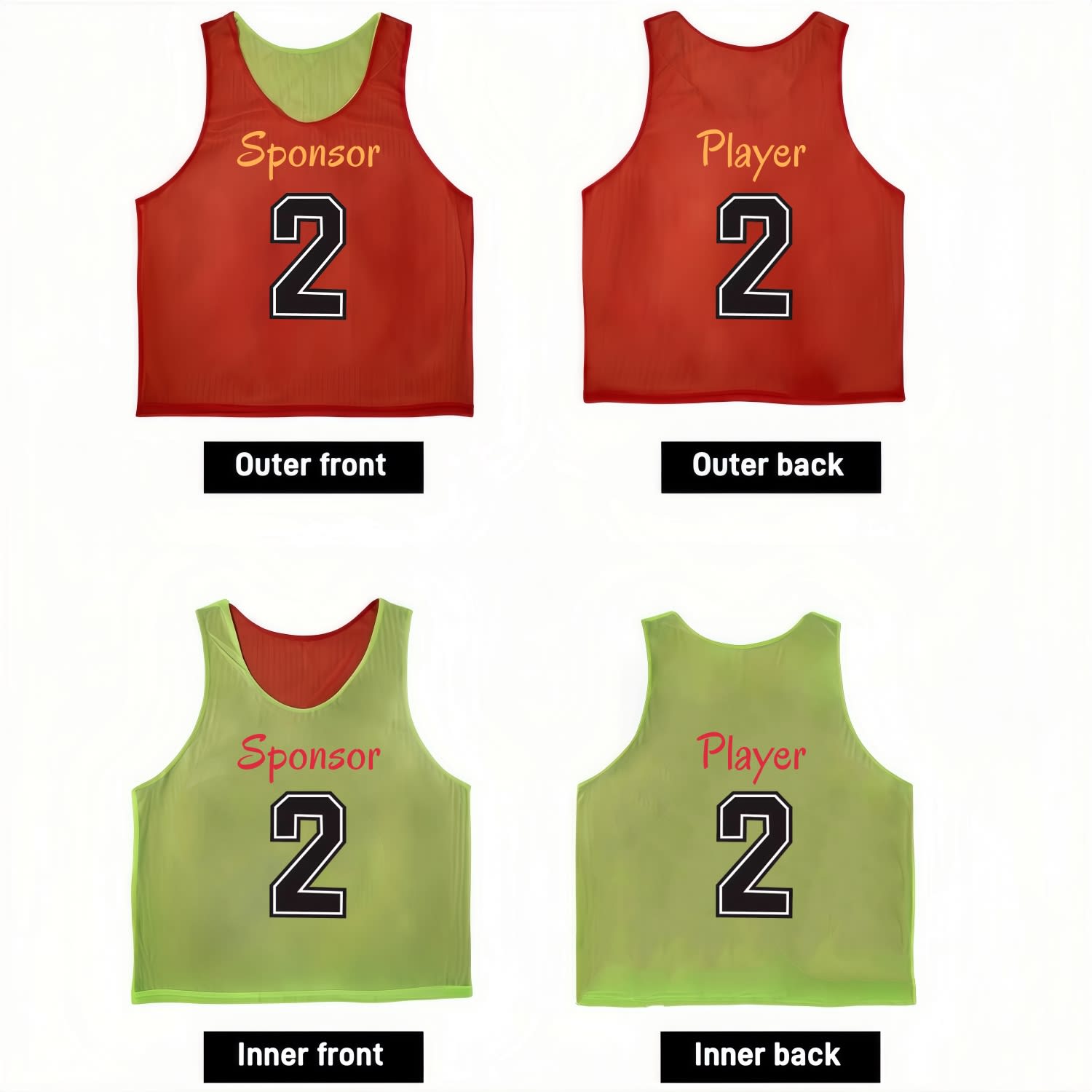 A reversible training bib in red and green, featuring the numbers '2' and branding on both sides. 100% Polyester Mesh Sublimated Reversible Training Bib - Image 1