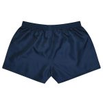 Navy blue sports shorts with an elastic waistband and a smooth finish. Features a logo on the design.