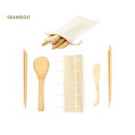 A bamboo sushi set featuring chopsticks, a bamboo mat, and wooden utensils within a cotton pouch.