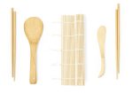 A bamboo sushi set featuring chopsticks, a sushi mat, and sushi serving utensils in natural wood colour.