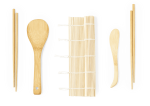 A bamboo sushi making set including chopsticks, a spatula, a rolling mat, and a shaping tool.