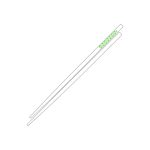 A pair of white chopsticks featuring a green decorative band in the centre. Includes a logo.