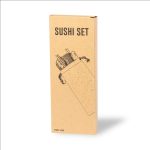 A sushi set in a cardboard packaging featuring chopsticks and utensils, with a simple illustration on the front.
